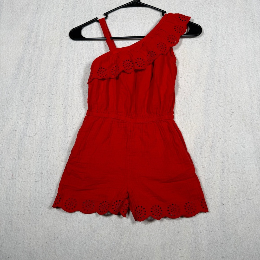 Cat & Jack Girls Red One Shoulder Eyelet Ruffle Romper Size S 6/7